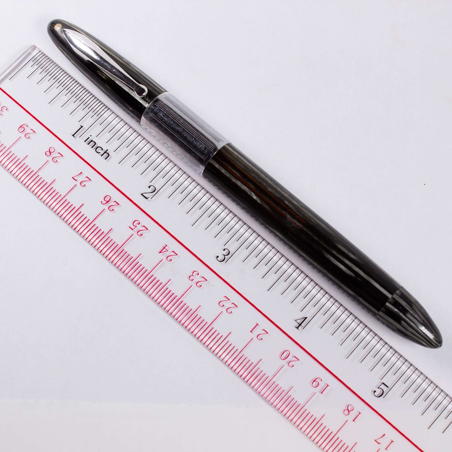 Sheaffer Triumph Vacuum-Fil Plunger Filler, Extra Wide Cap Band. Grey Pearl with chrome plated trim, Medium 14K Two Tone Triumph Nib; Restored Vintage Vac-Fil Fountain Pen Ozark Pen Shop