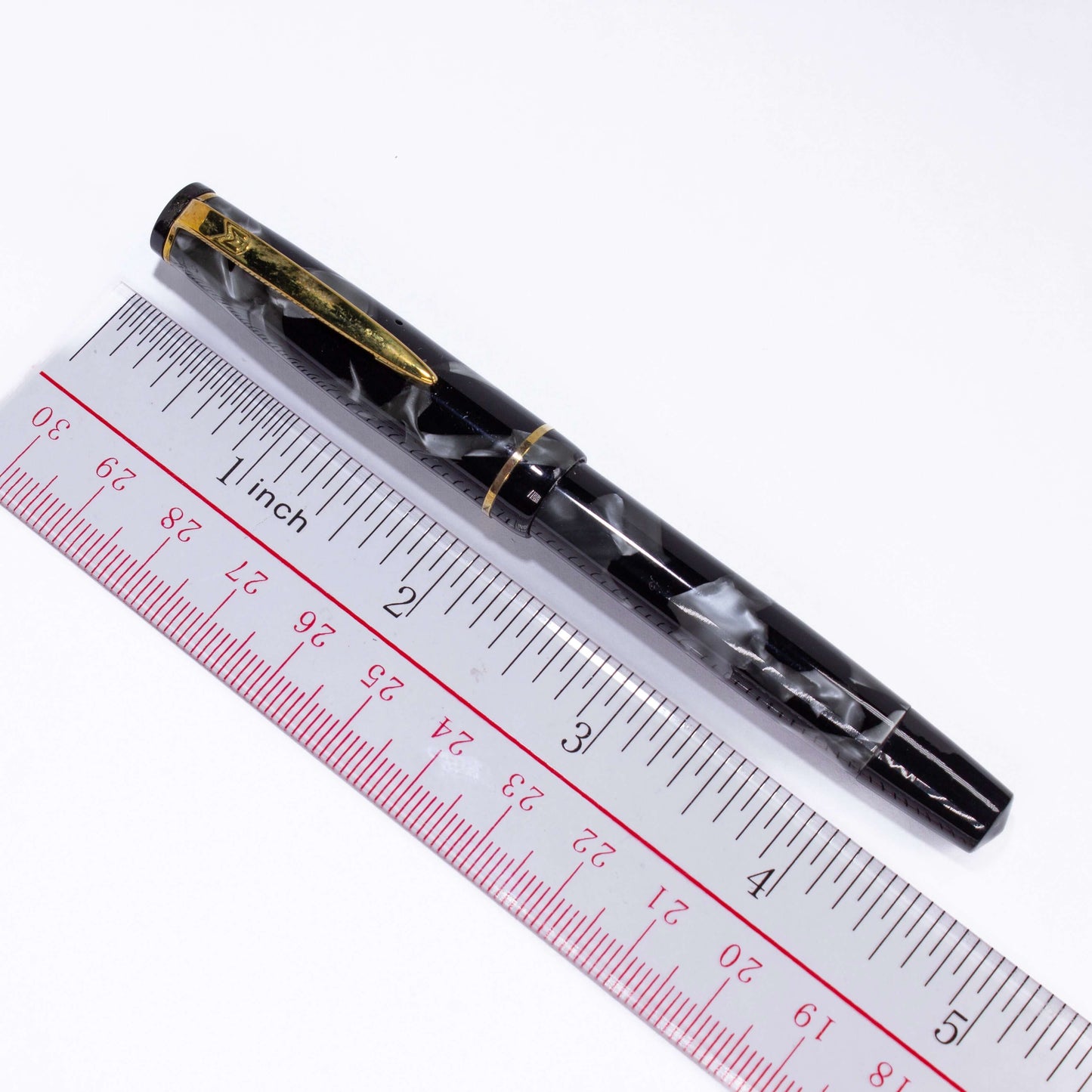 Merlin 33 Fountain Pen, Black and Grey Pearl, Gold Trim 14K Merlin Nib, Flexible, Button Filler with New Sac Installed Ozark Pen Shop