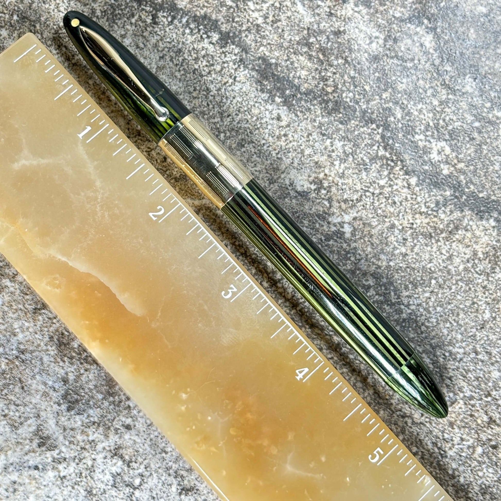 1940s Sheaffer Triumph Vacuum-fil, Extra-wide cap Band, Marine Green with gold filled trim. Fine/Medium Two-tone Nib  Ozark Pen Shop