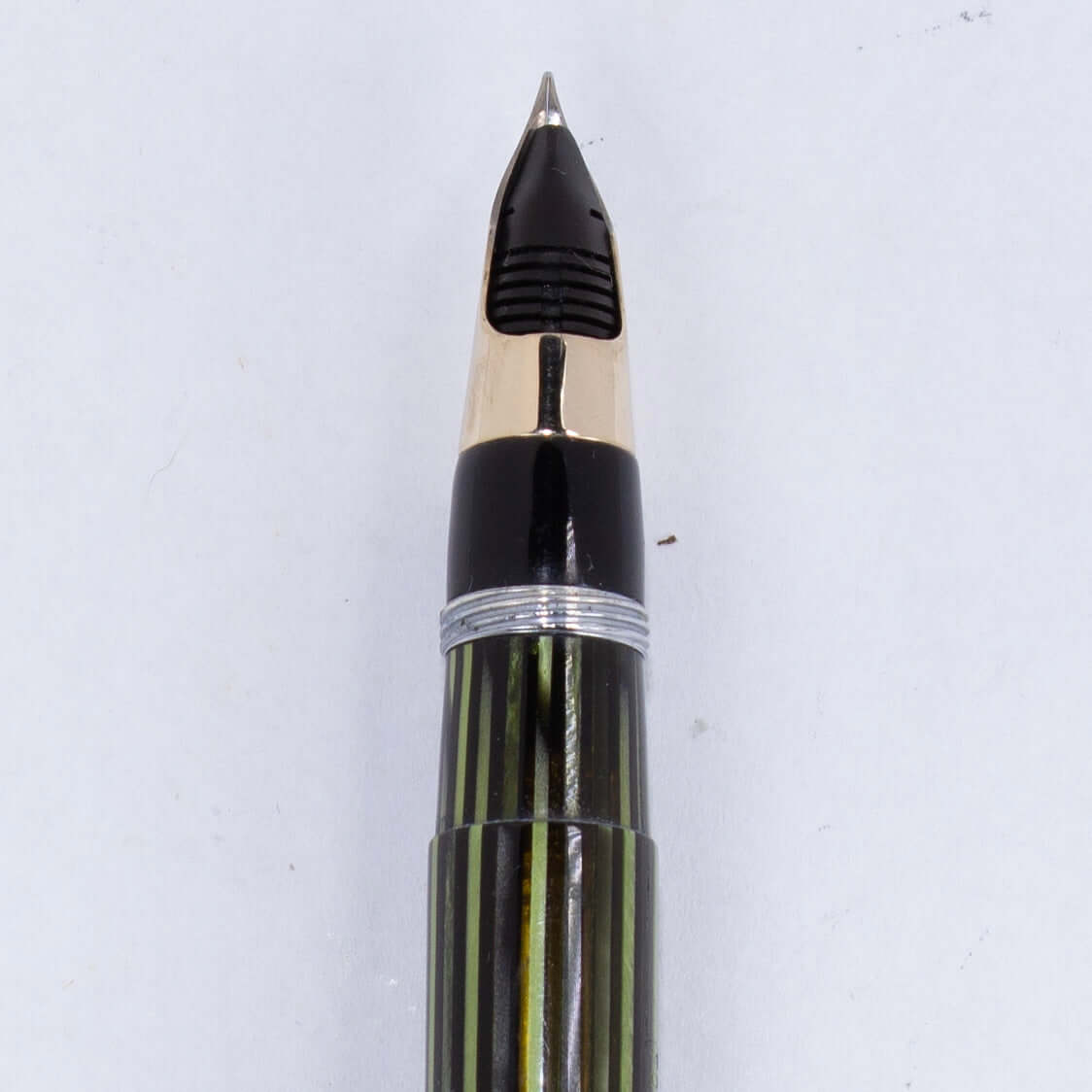 Sheaffer Triumph Vacuum-Fil Plunger Filler, Extra Wide Cap Band. Marine Green with gold fill trim, Medium 14K Two Tone Triumph Nib; Restored Vintage Vac-Fil Fountain Pen Ozark Pen Shop