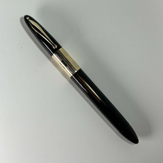 1940s Sheaffer Triumph Vacuum-fil, Extra-wide cap Band, Black with gold filled trim. Medium Two-tone Nib  Ozark Pen Shop