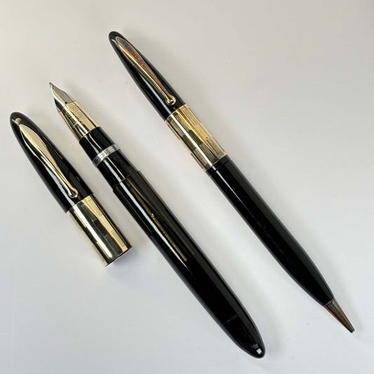 Sheaffer Triumph Vac-fil, Extra-wide cap Band, Black Fountain Pen and Pencil Set, Gold-filled trim, Medium Two-tone Nib Ozark Pen Shop