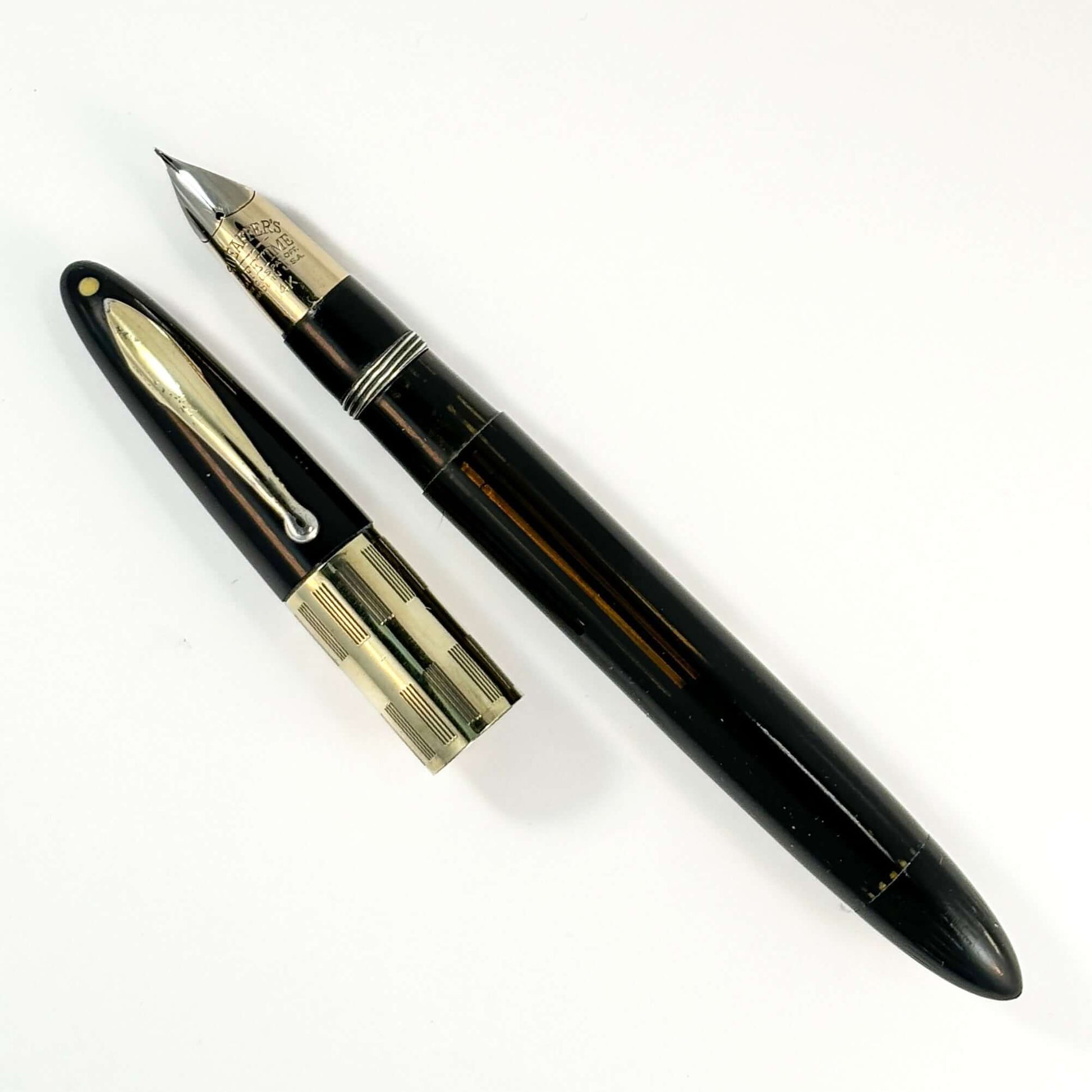 Black Sheaffer Triumph Vacuum-fil, Extra-wide cap Band with Gold-filled trim. Fine Two-tone Nib  Ozark Pen Shop
