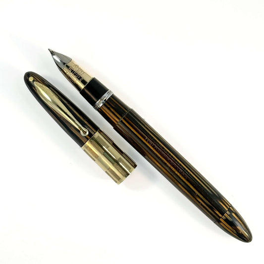 Golden Brown Sheaffer Triumph Vacuum-fil, Extra-wide cap Band with gold filled trim. Medium Two-tone Nib Ozark Pen Shop