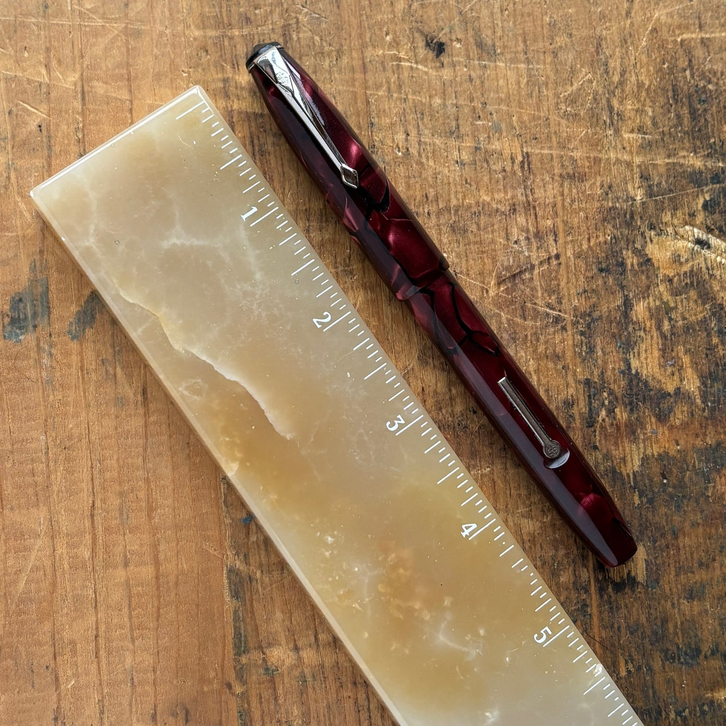 Conway Stewart 15 Fountain Pen, Red Marble, Lever Filler, 14K fine nib