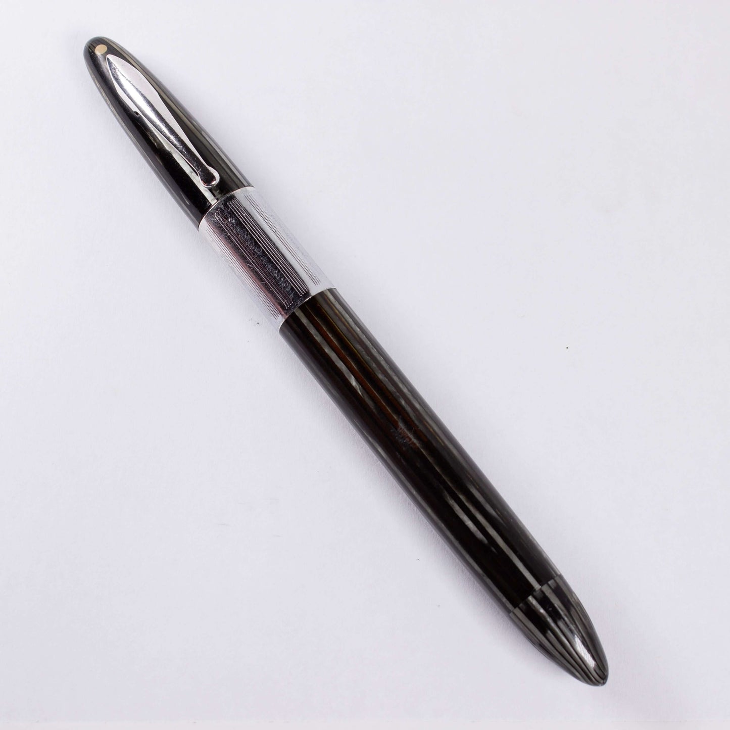 Sheaffer Triumph Vacuum-Fil Plunger Filler, Extra Wide Cap Band. Grey Pearl with chrome plated trim, Medium 14K Two Tone Triumph Nib; Restored Vintage Vac-Fil Fountain Pen Ozark Pen Shop