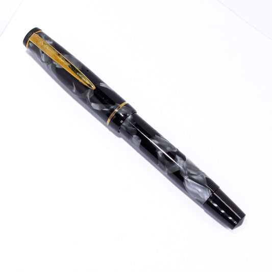 Merlin 33 Fountain Pen, Black and Grey Pearl, Gold Trim 14K Merlin Nib, Flexible, Button Filler with New Sac Installed Ozark Pen Shop