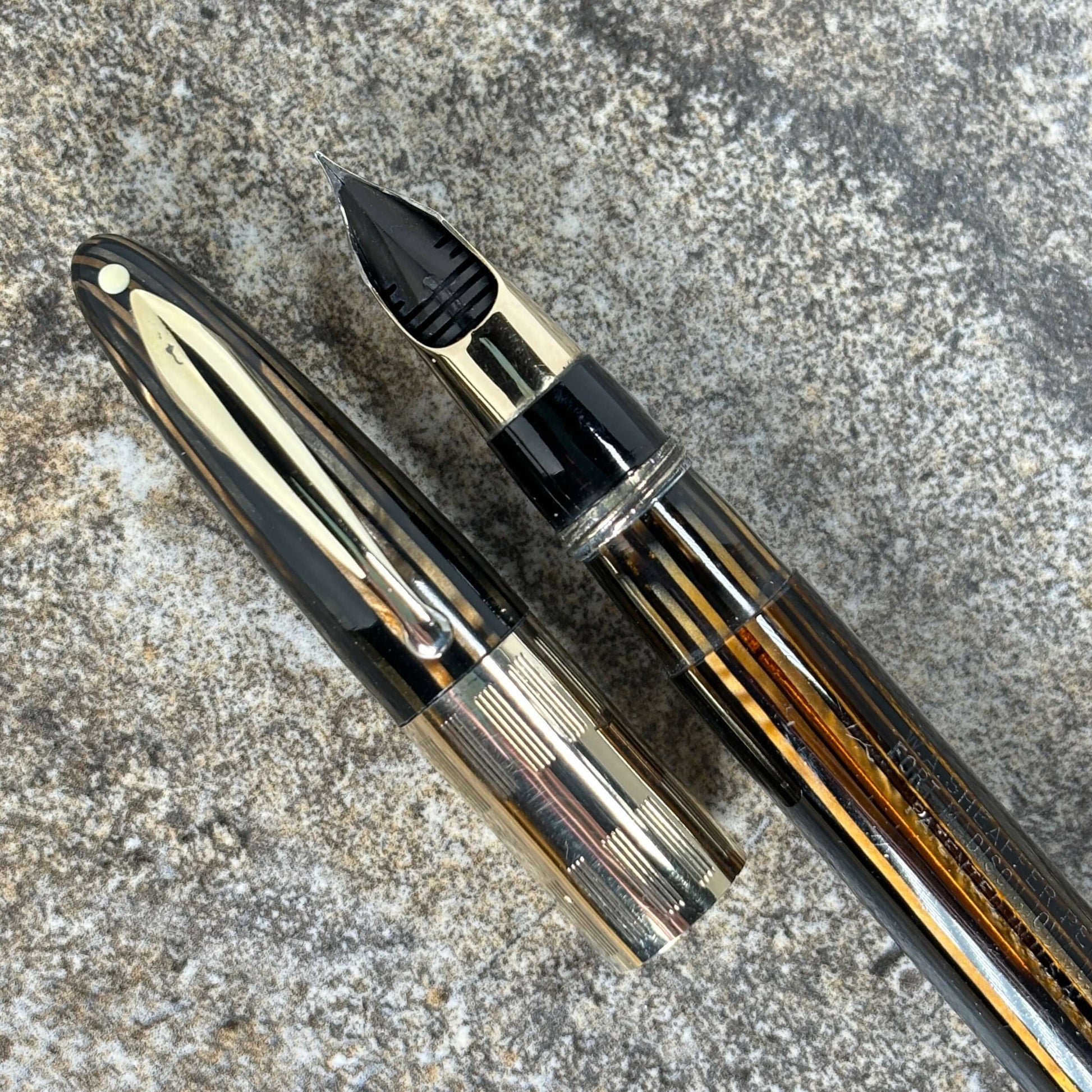 1940s Sheaffer Triumph Vacuum-fil, Extra-wide cap Band, Golden Brown with gold filled trim. Fine Two-tone Nib  Ozark Pen Shop