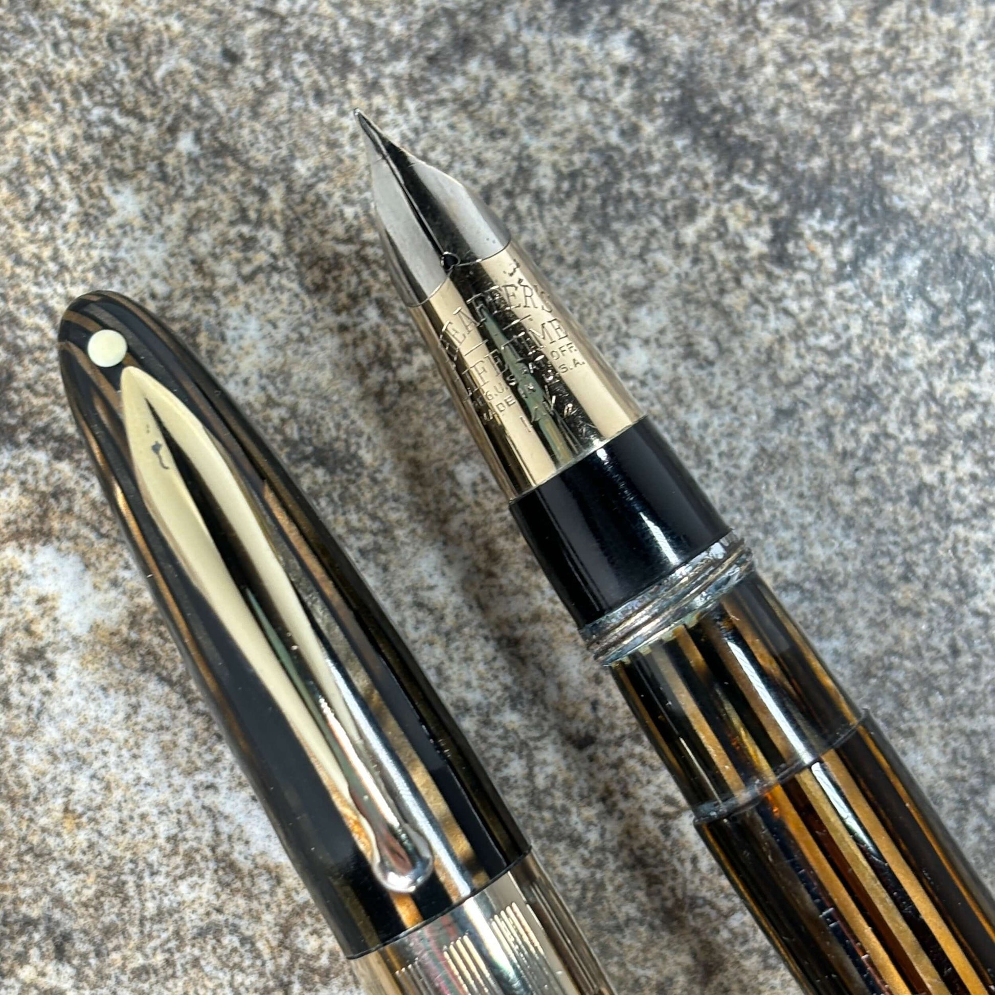 1940s Sheaffer Triumph Vacuum-fil, Extra-wide cap Band, Golden Brown with gold filled trim. Fine Two-tone Nib  Ozark Pen Shop