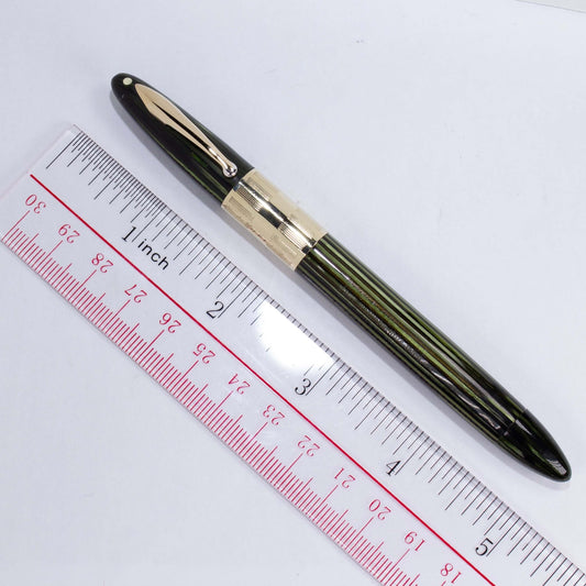 Sheaffer Triumph Vacuum-Fil Plunger Filler, Extra Wide Cap Band. Marine Green with gold fill trim, Medium 14K Two Tone Triumph Nib; Restored Vintage Vac-Fil Fountain Pen Ozark Pen Shop