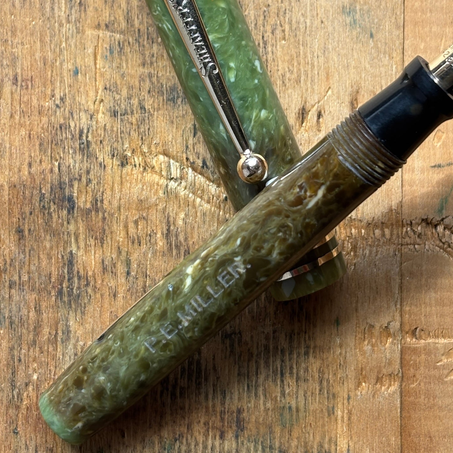 Sheaffer Flat Top JR; Jade GreenName/Type: Sheaffer Flat Top JR Manufacture Year: 1930 Length: 4 5/8 Filling System: Lever Filler Color/Pattern: Jade Green Nib Type/Condition and remarks: Medium 14K Lifetime Condition: In very good condition; it has a nam
