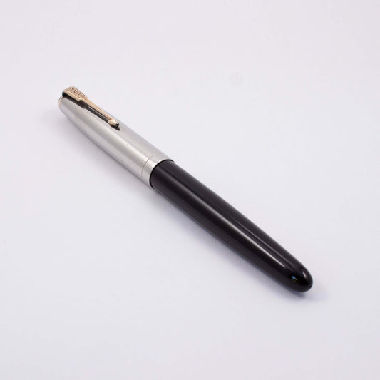 Parker 51 Aerometric, Black, Lustraloy Cap with Gold Plated Split Arrow Clip, "Press 6 Times" Filler, Fine 14K nib Parker 51 Fountain Pen Ozark Pen Shop