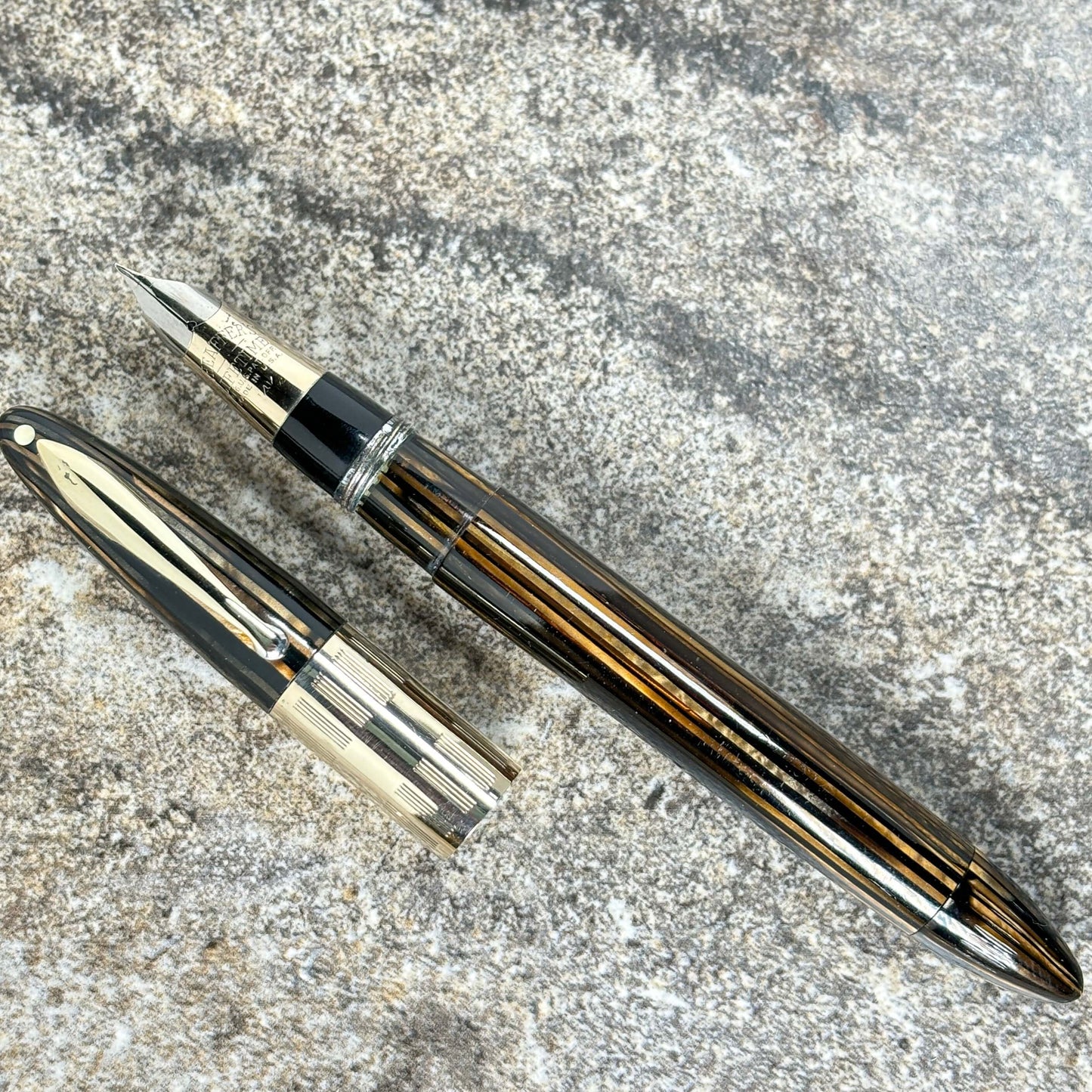 1940s Sheaffer Triumph Vacuum-fil, Extra-wide cap Band, Golden Brown with gold filled trim. Fine Two-tone Nib  Ozark Pen Shop