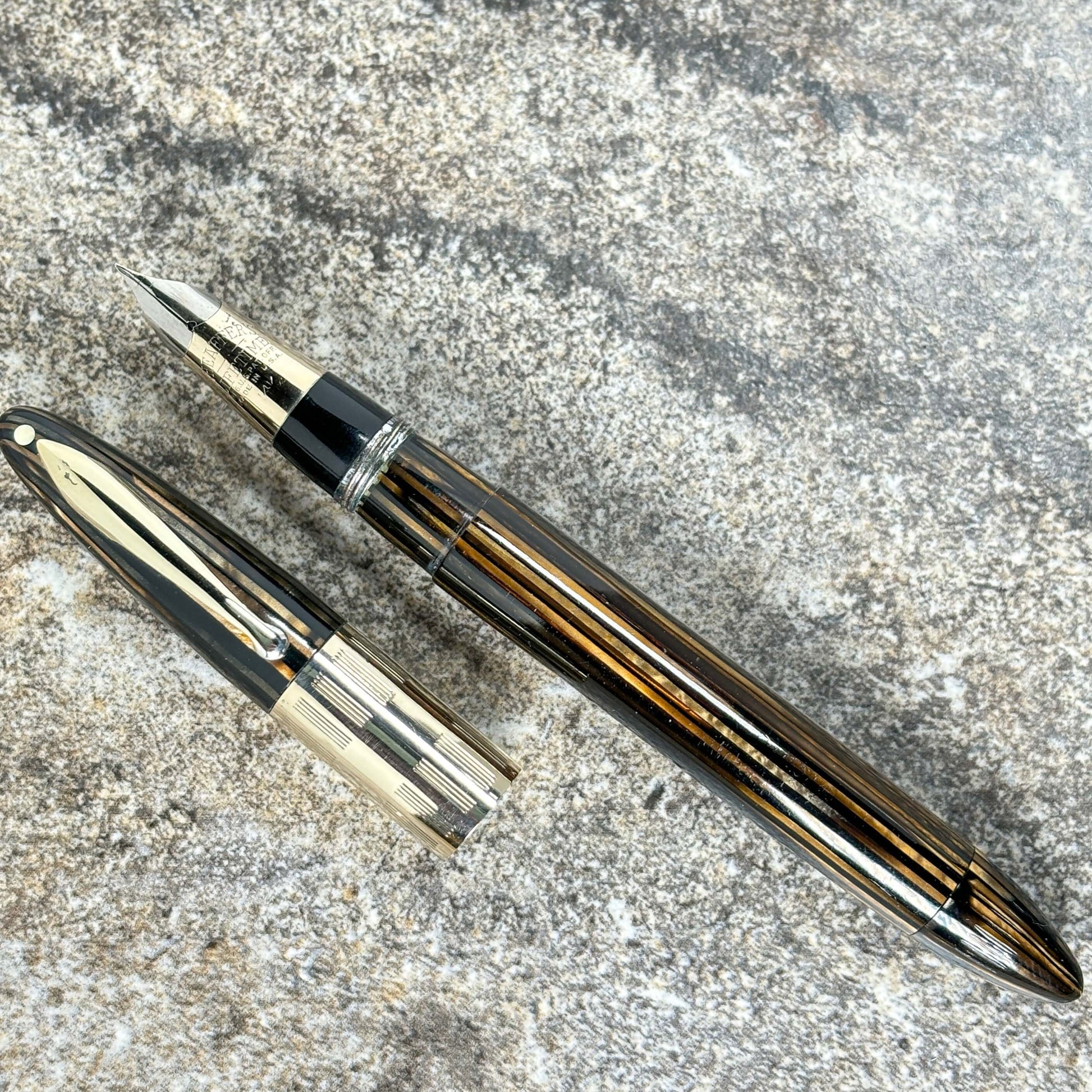 1940s Sheaffer Triumph Vacuum-fil, Extra-wide cap Band, Golden Brown with gold filled trim. Fine Two-tone Nib  Ozark Pen Shop
