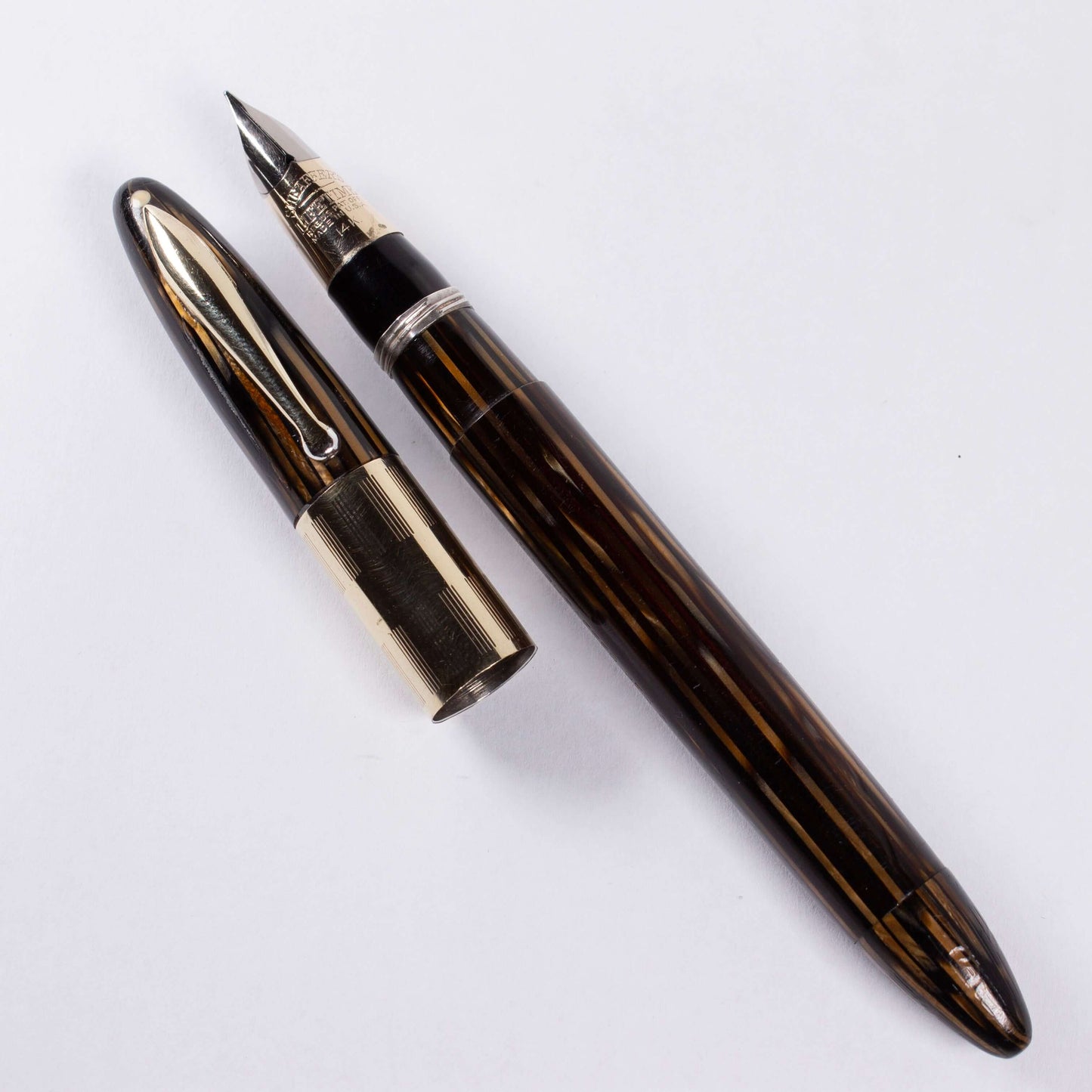 Sheaffer Triumph Vacuum-Fil Plunger Filler, Extra Wide Cap Band. Golden brown with gold fill trim, Medium 14K Two Tone Triumph Nib; Restored Vintage Vac-Fil Fountain Pen Ozark Pen Shop