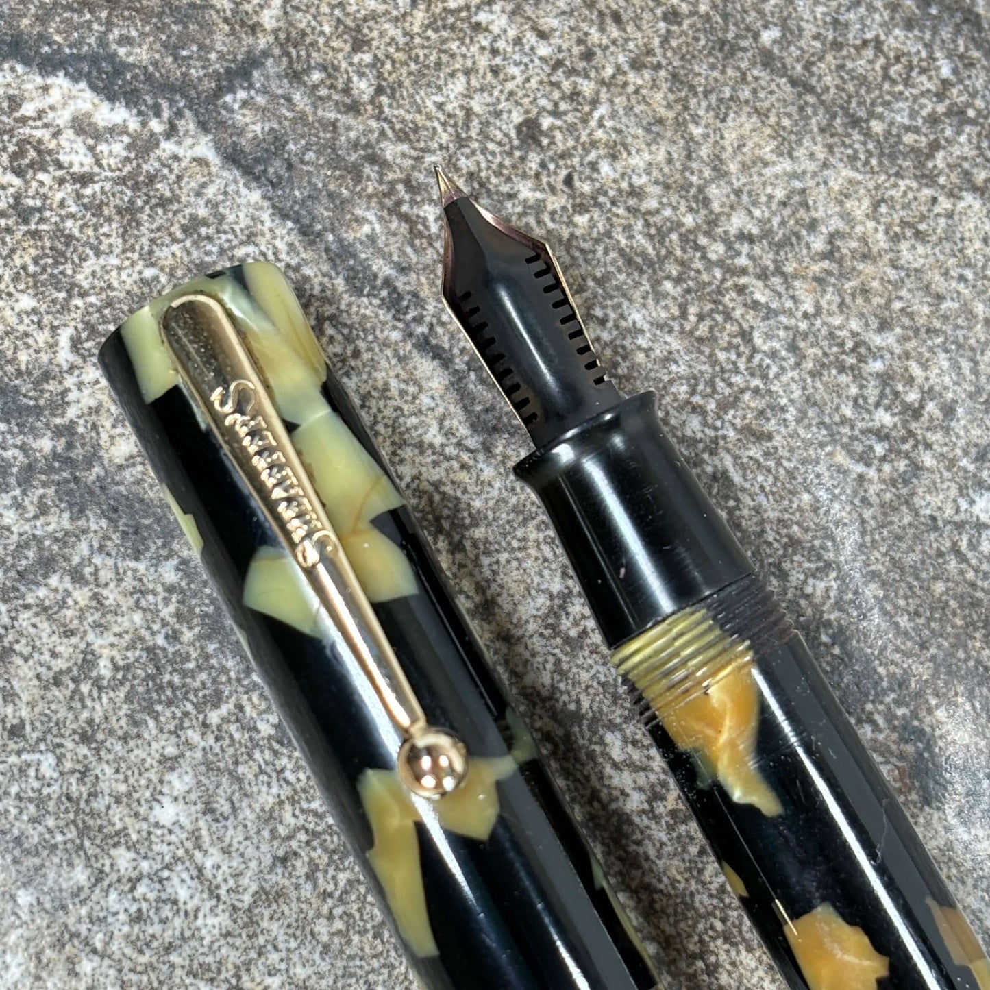 Sheaffer Flat Top Lifetime Fountain Pen, Oversized Black and Pearl with a Large Lifetime 14K Med. Nib and Gold filled Trim Ozark Pen Shop