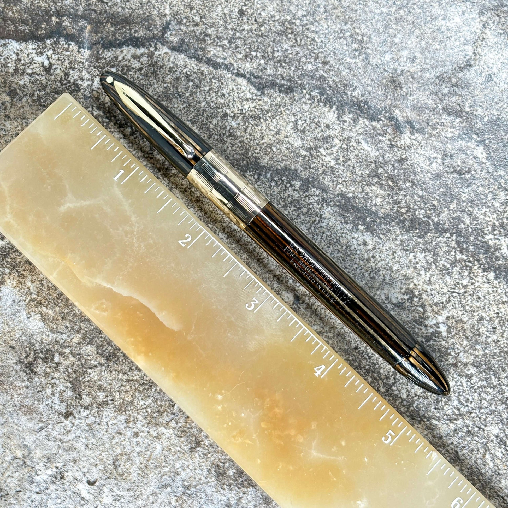 1940s Sheaffer Triumph Vacuum-fil, Extra-wide cap Band, Golden Brown with gold filled trim. Fine Two-tone Nib  Ozark Pen Shop