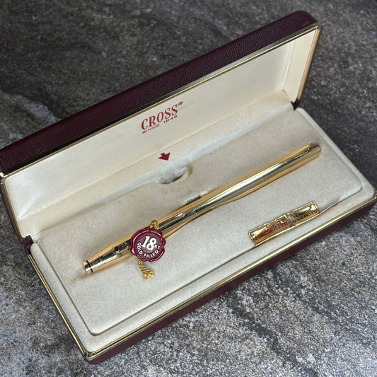 Cross Century II, 18K Gold Filled Cap and Barrel, 14K Gold Medium Nib Name/Type: Cross Century II Manufacture Year: 1980s Length: 5 1/4 Filling System: Cartridge/Converter, (Converter is included) Color/Pattern: Cap and Barrel made of 18K Gold Fill. Nib T