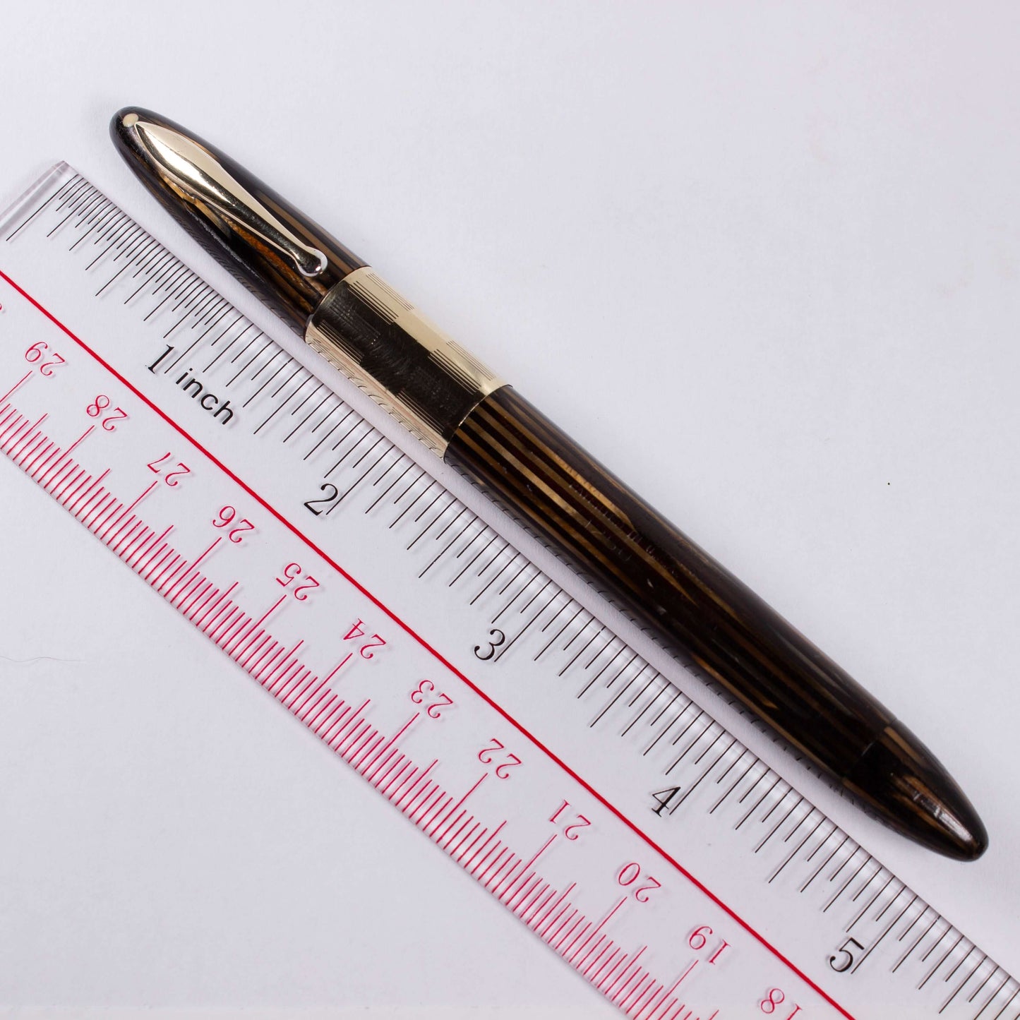 Sheaffer Triumph Vacuum-Fil Plunger Filler, Extra Wide Cap Band. Golden brown with gold fill trim, Medium 14K Two Tone Triumph Nib; Restored Vintage Vac-Fil Fountain Pen Ozark Pen Shop