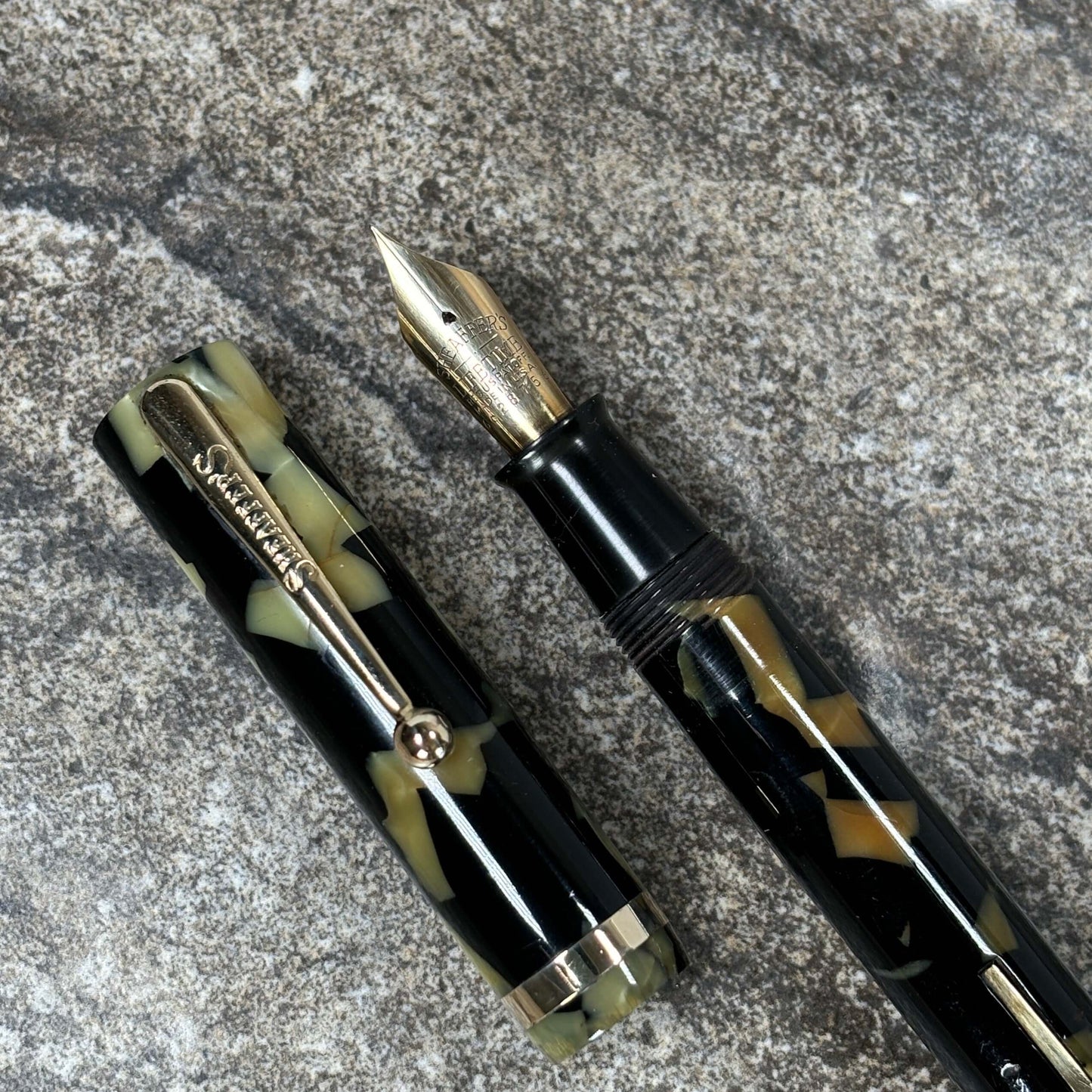 Sheaffer Flat Top Lifetime Fountain Pen, Oversized Black and Pearl with a Large Lifetime 14K Med. Nib and Gold filled Trim Ozark Pen Shop