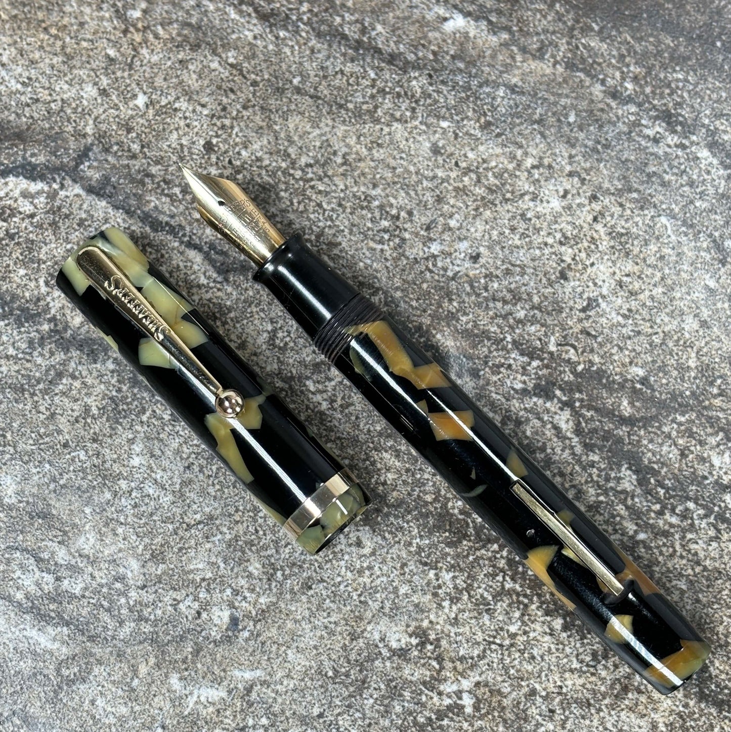 Sheaffer Flat Top Lifetime Fountain Pen, Oversized Black and Pearl with a Large Lifetime 14K Med. Nib and Gold filled Trim Ozark Pen Shop