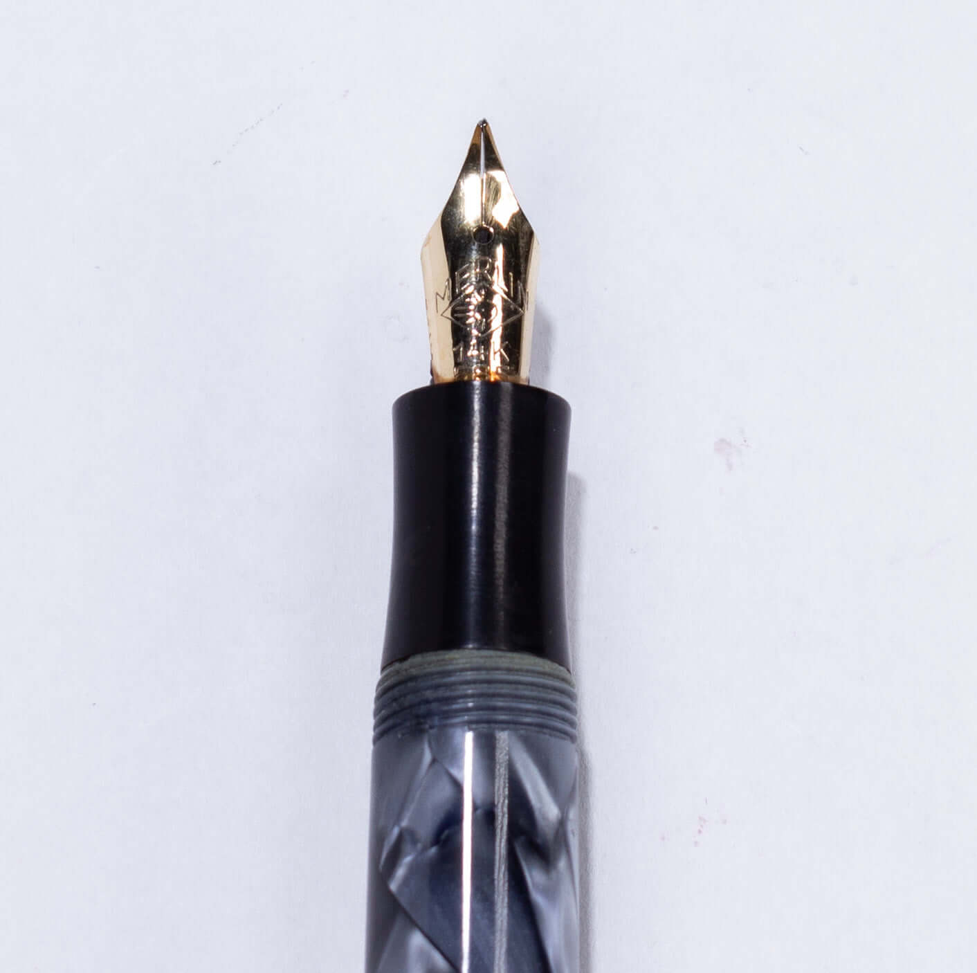 Merlin 33 Fountain Pen, Blue Marble, Gold Trim 14K Merlin Nib, Flexible, Button Filler with New Sac Installed Ozark Pen Shop