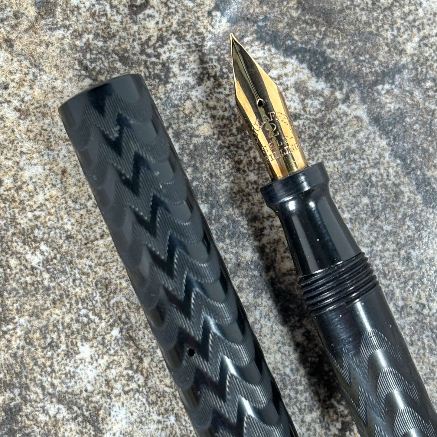 Sheaffer Black Chased Hard Rubber Clipless, 2 Self filler nib, fine. Ozark Pen Shop