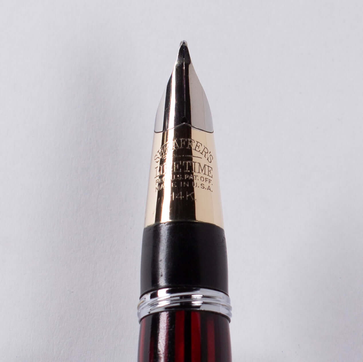 Sheaffer Triumph Vacuum-Fil Plunger Filler, Extra Wide Cap Band. Carmine Red with gold fill trim, Medium 14K Two Tone Triumph Nib; Restored Vintage Vac-Fil Fountain Pen Ozark Pen Shop