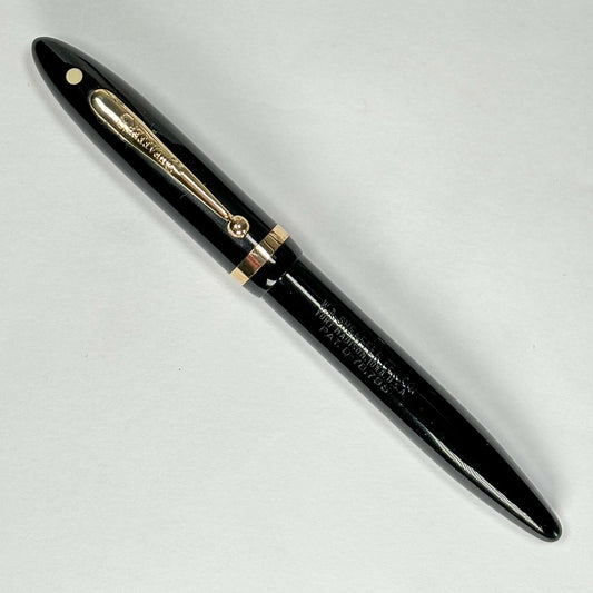 Sheaffer Balance, Black, Full Length, Slender Girth, 14K Lifetime Nib Name/Type: Sheaffer Balance Manufacture Year: 1931 Length: 5 1/4 Filling System: Lever Filler; restored with new sac Color/Pattern: Black with Gold Filled trim Nib Type/Condition and re