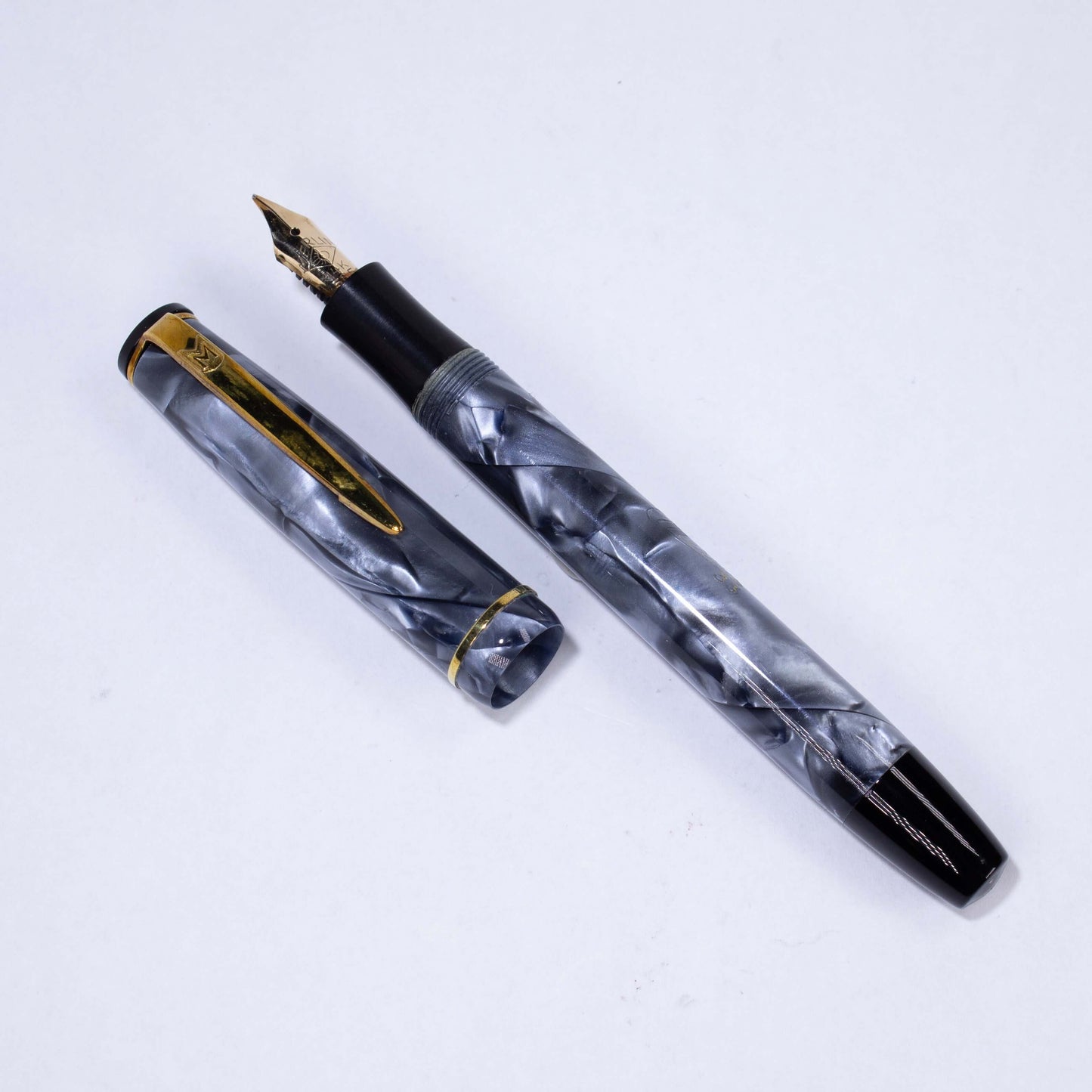 Merlin 33 Fountain Pen, Blue Marble, Gold Trim 14K Merlin Nib, Flexible, Button Filler with New Sac Installed Ozark Pen Shop