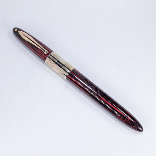 Sheaffer Triumph Vacuum-Fil Plunger Filler, Extra Wide Cap Band. Carmine Red with gold fill trim, Medium 14K Two Tone Triumph Nib; Restored Vintage Vac-Fil Fountain Pen Ozark Pen Shop