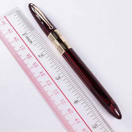 Sheaffer Triumph Vacuum-Fil Plunger Filler, Extra Wide Cap Band. Carmine Red with gold fill trim, Medium 14K Two Tone Triumph Nib; Restored Vintage Vac-Fil Fountain Pen Ozark Pen Shop