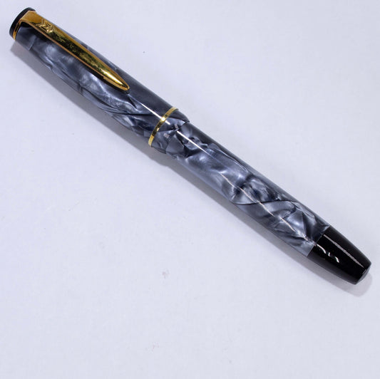 Merlin 33 Fountain Pen, Blue Marble, Gold Trim 14K Merlin Nib, Flexible, Button Filler with New Sac Installed Ozark Pen Shop