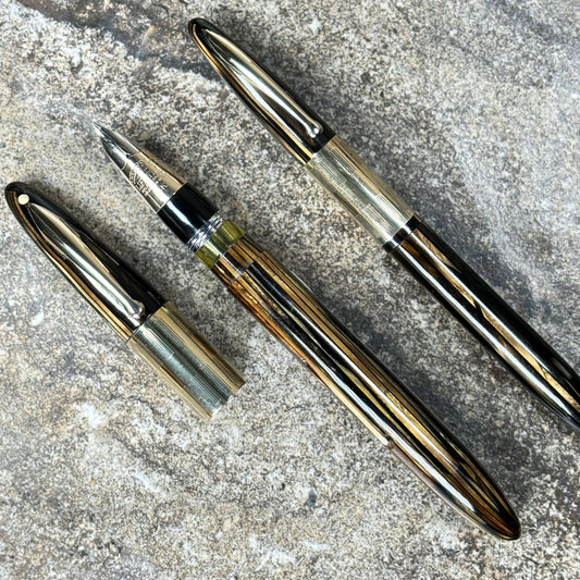Sheaffer Triumph Lever Fill Pen and Pencil Set, Extra-wide cap Band, Golden Brown with gold filled trim. Fine Two-tone Nib Ozark Pen Shop