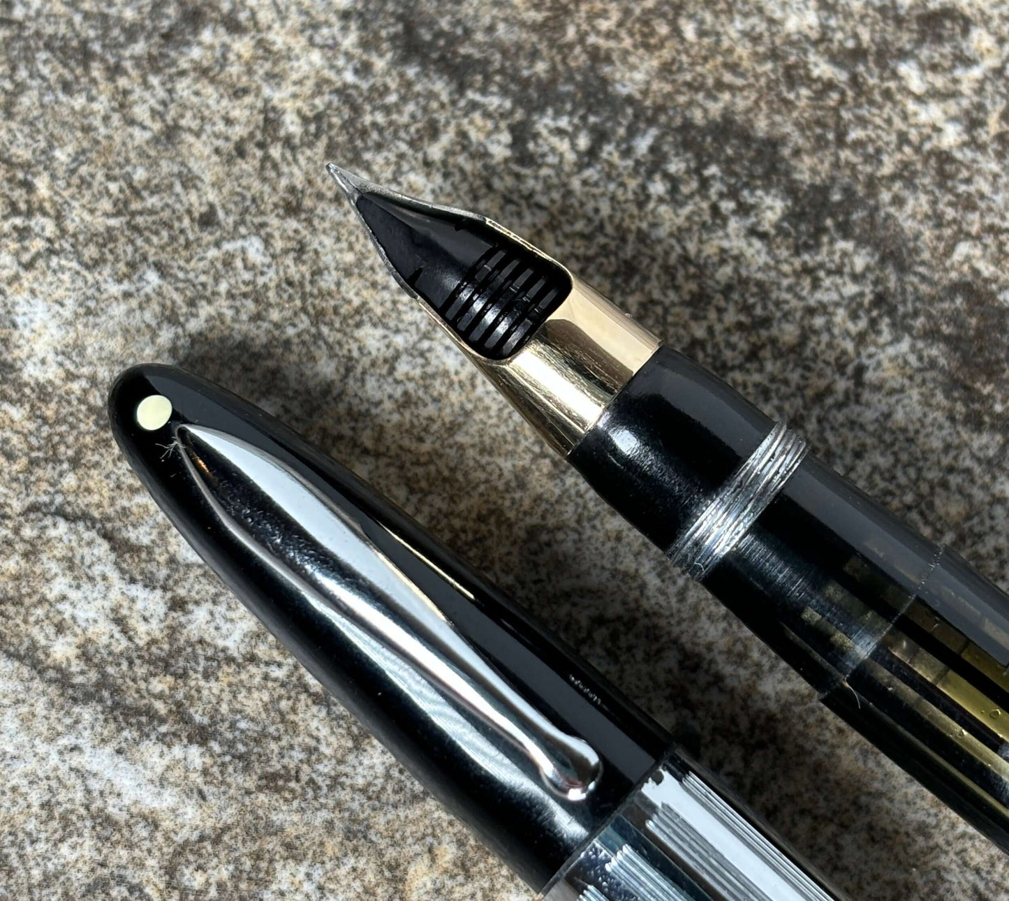 Sheaffer Triumph Vacuum-Fil Plunger Filler, "Reverse Trim" Extra Wide Cap Band, Uncommon black with Chrome Plated Trim, Fine 14K Two Tone Triumph Nib; Restored Vintage Vac-Fil Fountain Pen Ozark Pen Shop