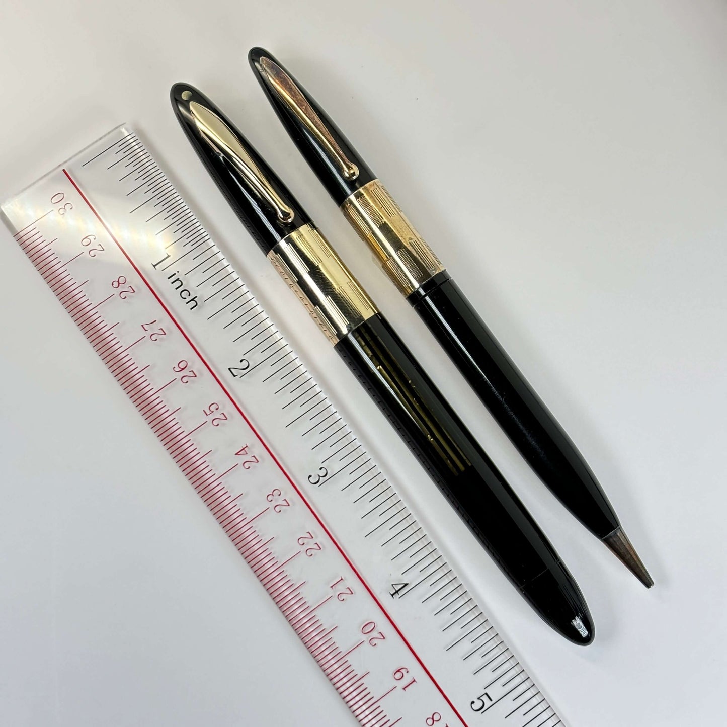 Sheaffer Triumph Vac-fil, Extra-wide cap Band, Black Fountain Pen and Pencil Set, Gold-filled trim, Medium Two-tone Nib Ozark Pen Shop