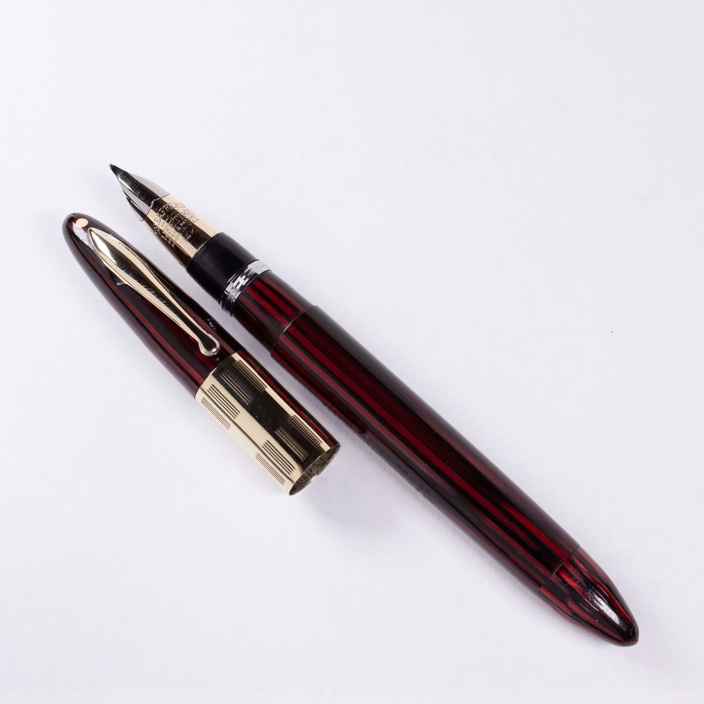 Sheaffer Triumph Vacuum-Fil Plunger Filler, Extra Wide Cap Band. Carmine Red with gold fill trim, Medium 14K Two Tone Triumph Nib; Restored Vintage Vac-Fil Fountain Pen Ozark Pen Shop