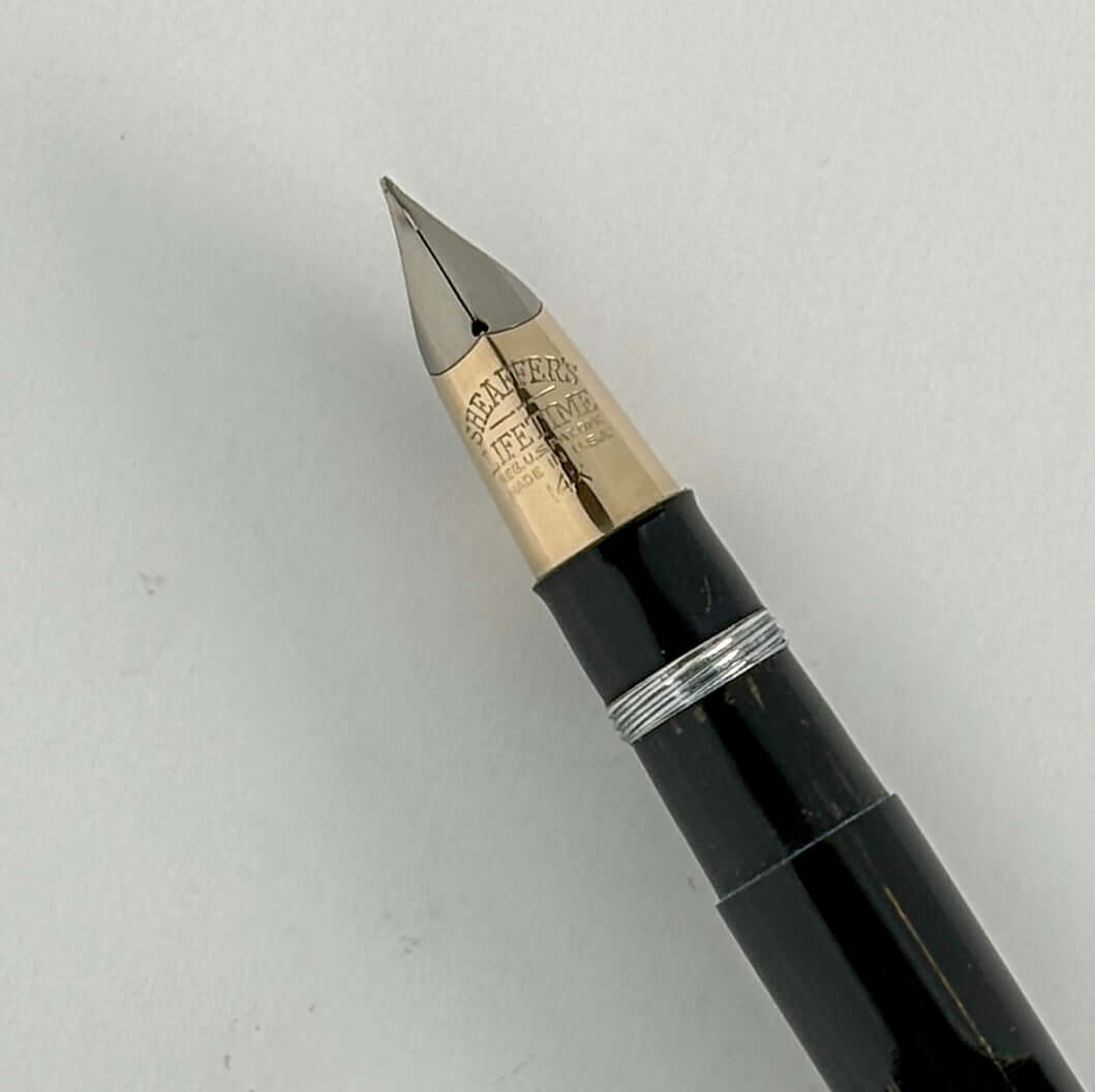 1940s Sheaffer Triumph Vacuum-fil, Extra-wide cap Band, Black with gold filled trim. Medium Two-tone Nib  Ozark Pen Shop