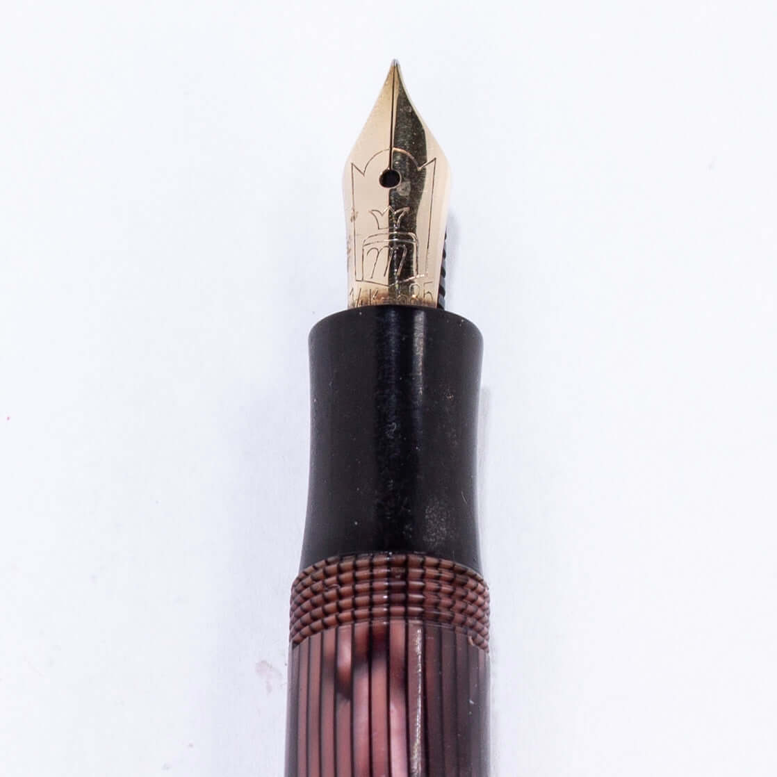 Merlin 33 Fountain Pen, Pink Stripe, Gold Trim 14K Merlin Nib, Flexible, Button Filler with New Sac Installed Ozark Pen Shop