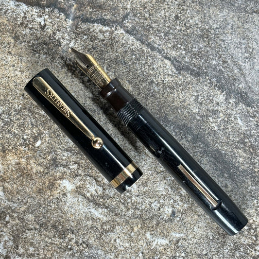 Sheaffer Flat Top JR, Black with Gold Filled Trim. Medium 14K Lifetime nib. Ozark Pen Shop
