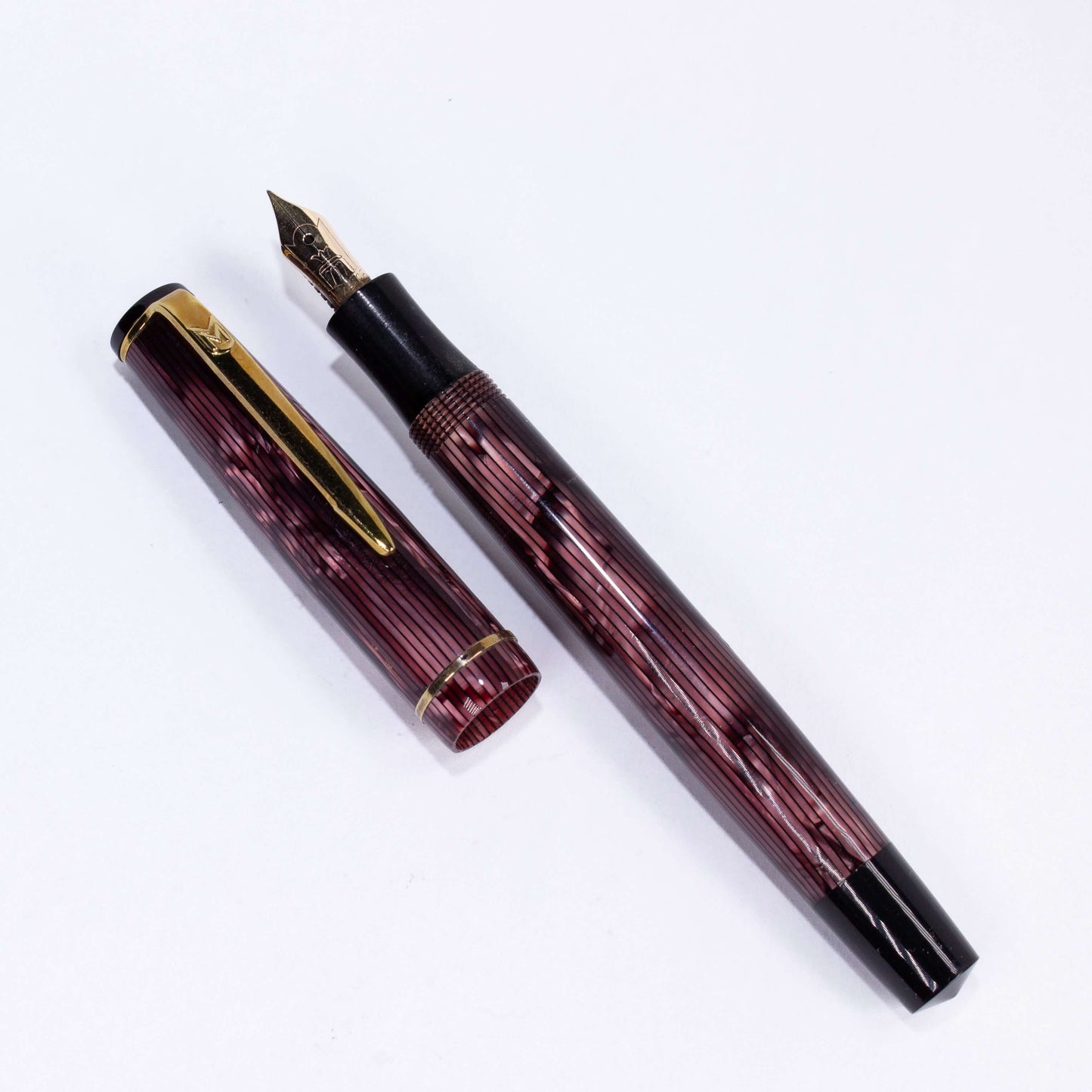 Merlin 33 Fountain Pen, Pink Stripe, Gold Trim 14K Merlin Nib, Flexible, Button Filler with New Sac Installed Ozark Pen Shop