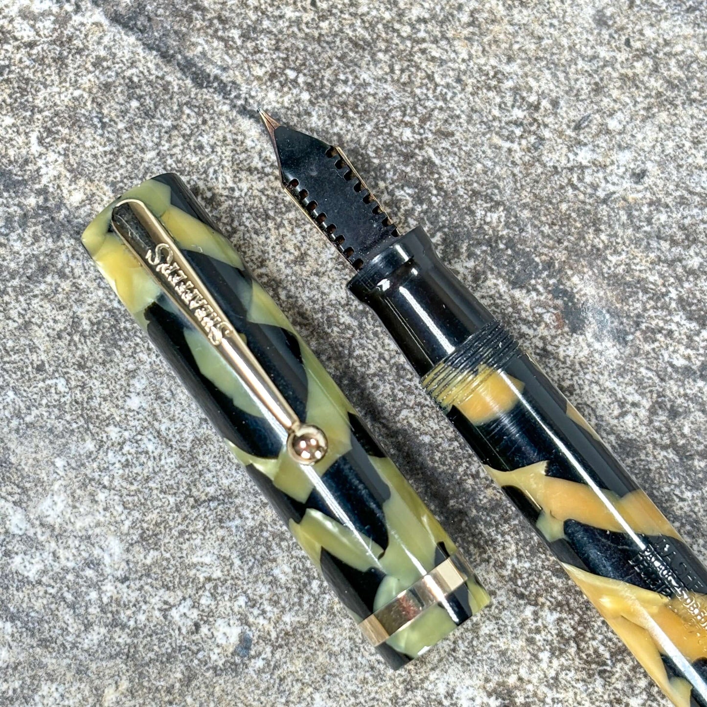 Sheaffer Flat Top Lifetime Fountain Pen, Oversized Black and Pearl with a Large Lifetime 14K Medium Nib and Gold filled Trim Ozark Pen Shop