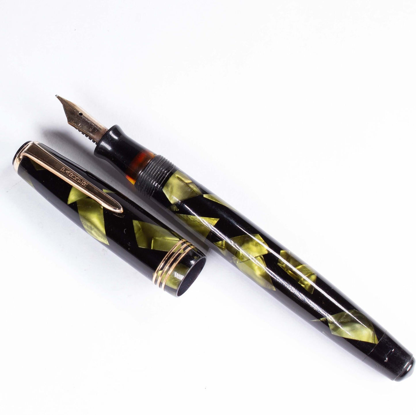 Parker Challenger Fountain Pen, Green Marbled, Gold Filled Clip and three Cap Bands, Button Filler, 14K Gold Nib Ozark Pen Shop