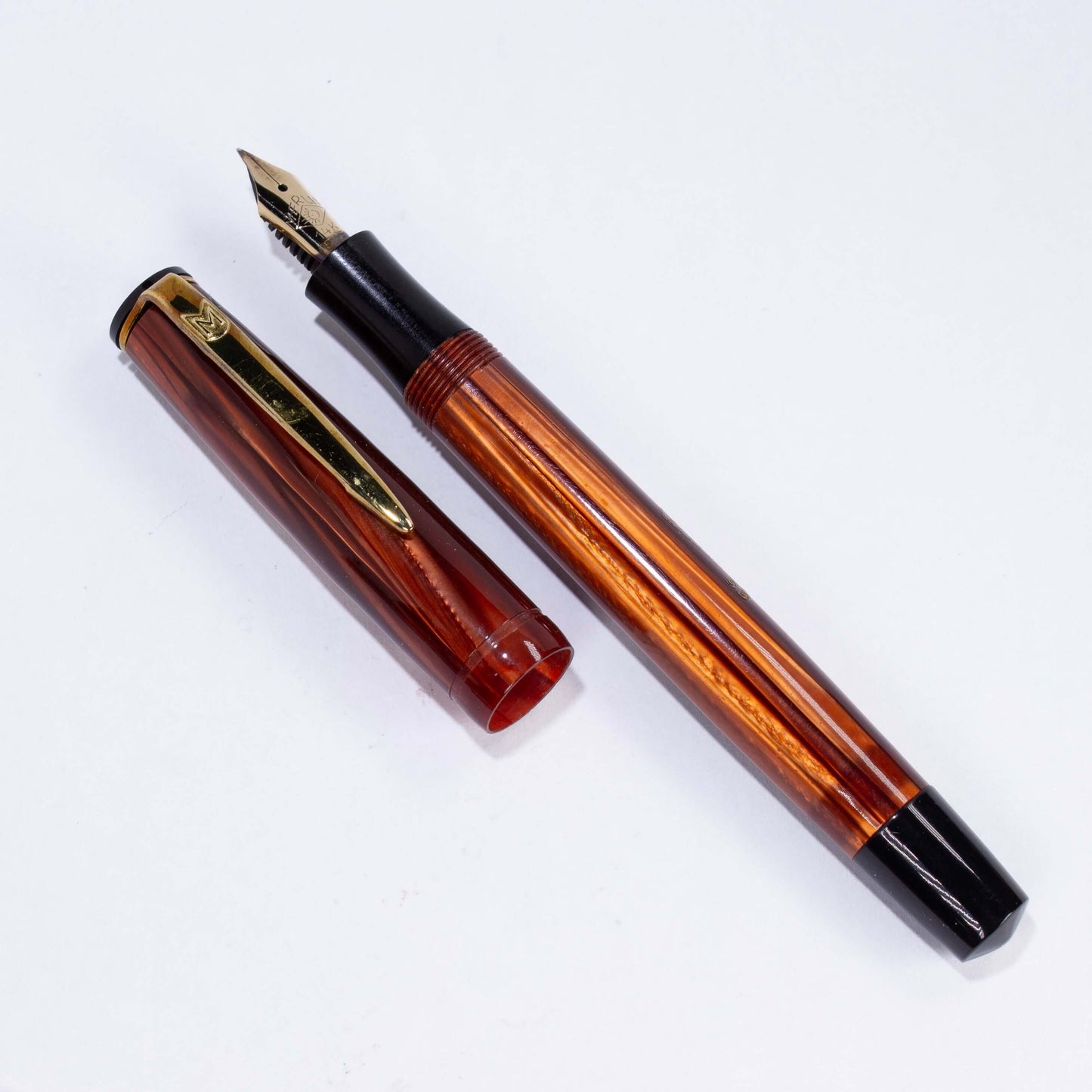 Merlin 33 Fountain Pen, Rootbeer Cap and Barrel, 14K Merlin Nib, Flexible, Button Filler with New Sac Installed Ozark Pen Shop