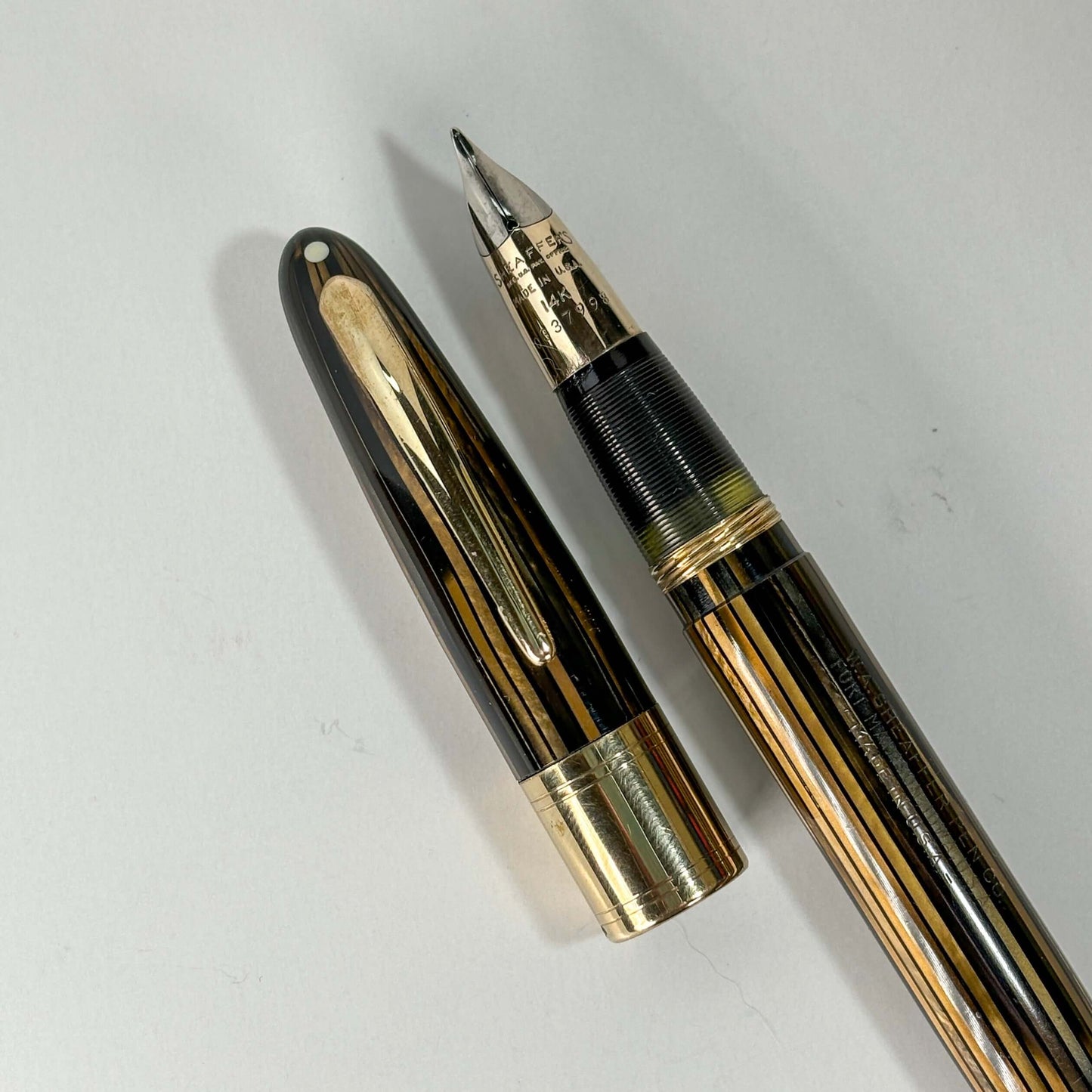 Sheaffer Triumph Lifetime Fountain Pen, Golden Brown with Large Gold-Filled Cap Band, Restored Vac-Fil, Two-tone 14K Medium Nib  Ozark Pen Shop