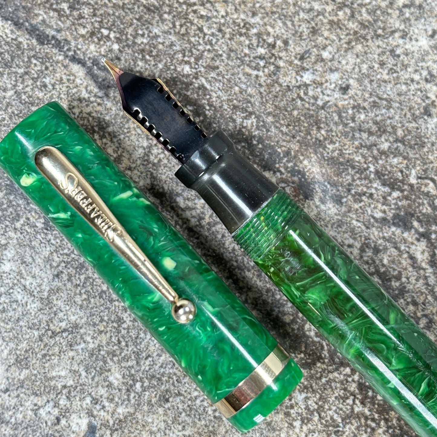 Sheaffer Flat Top Lifetime Fountain Pen, Oversized Jade Green, Large Lifetime 14K Med. Nib and Gold filled Trim Ozark Pen Shop