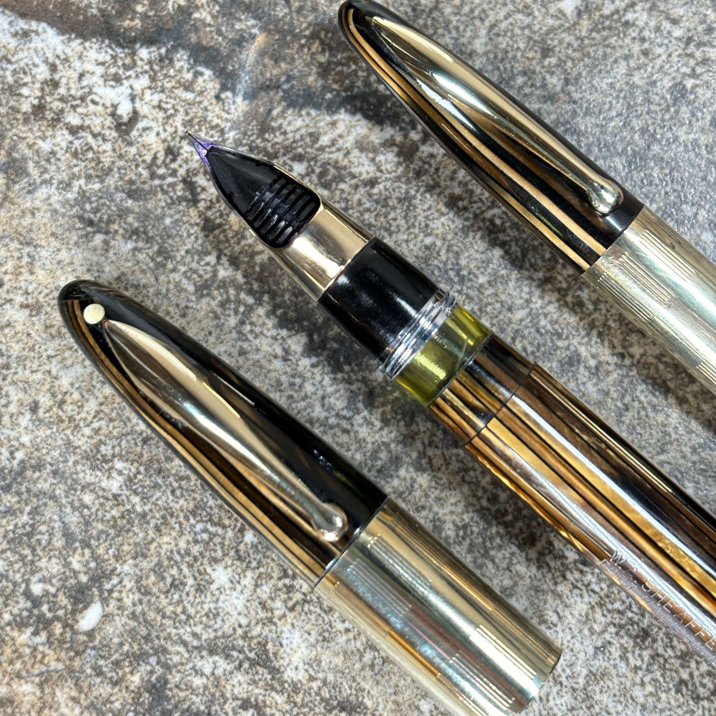 Sheaffer Triumph Lever Fill Pen and Pencil Set, Extra-wide cap Band, Golden Brown with gold filled trim. Fine Two-tone Nib Ozark Pen Shop