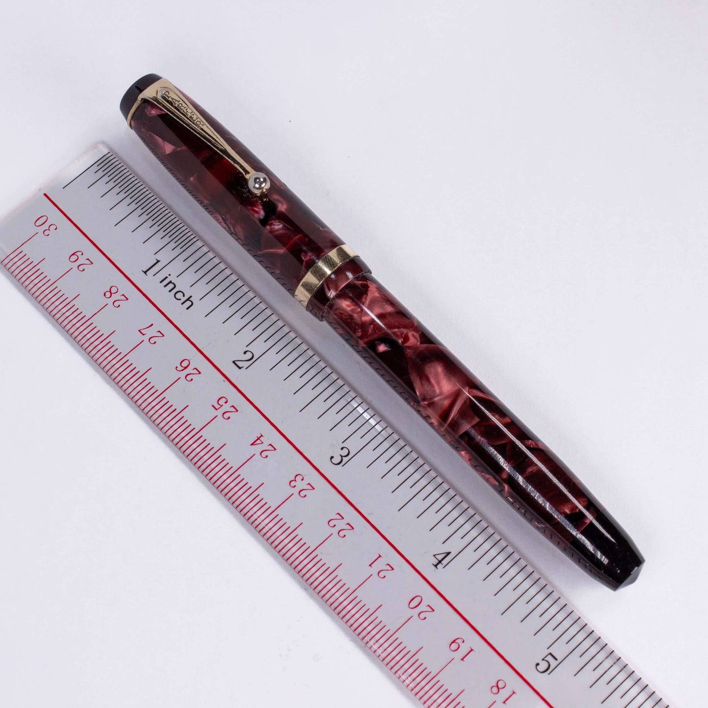 Parker Challenger Fountain Pen, Red Marbled, Button Filler, 14K Gold Nib Ozark Pen Shop