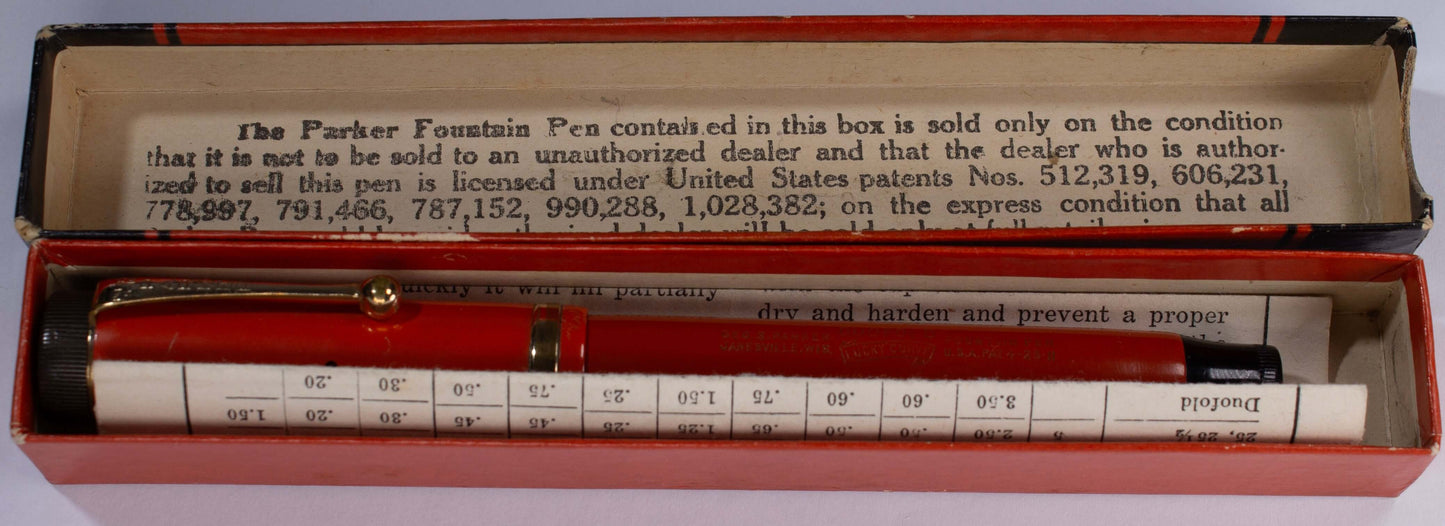 Parker Duofold Senior, Red Hard Rubber, Raised Cap Band, Button Fill, Large 14K Gold Duofold nib. Comes in original box with instruction sheet. Ozark Pen Shop