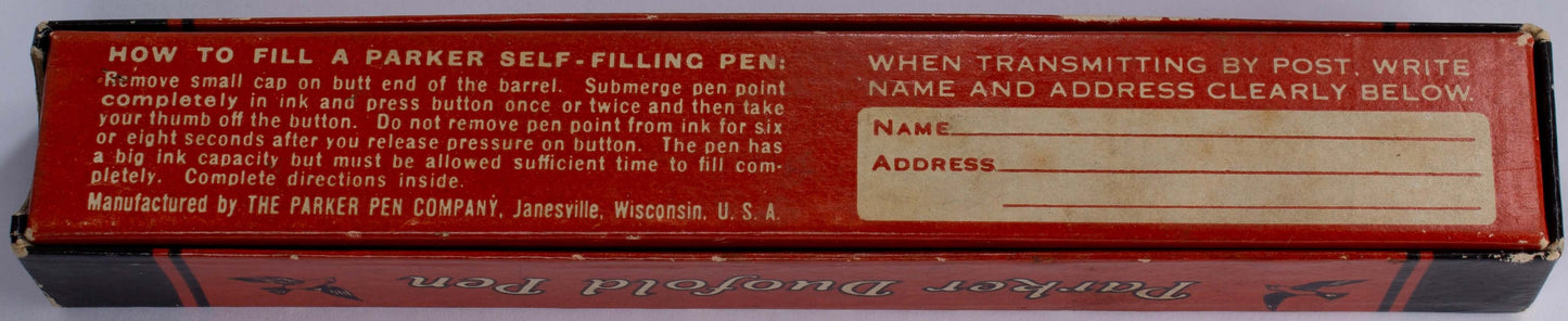 Parker Duofold Senior, Red Hard Rubber, Raised Cap Band, Button Fill, Large 14K Gold Duofold nib. Comes in original box with instruction sheet. Ozark Pen Shop